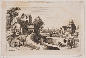 Village. To the Left a Road with a Woman with a Basket on Her Head and a Small Child by Her Side