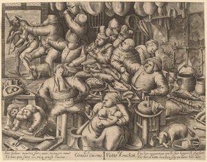 The Fat Kitchen by Hans Liefrinck I, after Pieter van der Heyden, after Pieter Bruegel the Elder