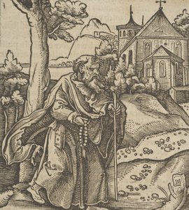 An Old Pilgrim Walking to the Right, from Hymmelwagen auff dem, wer wol lebt... by Hans Schäufelein the Elder