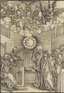 The Author Writing the Layenspiegel, The Trinity and the Virgin at the Upper Center by Hans Schäufelein the Elder