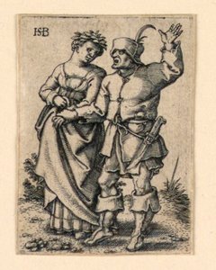 The Wedding Procession: Couple walking left, woman wearing a wreath by Hans Sebald Beham