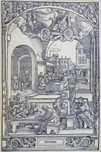 The planet Mercury and artists, scholars and technicians, c1535 (engraving)