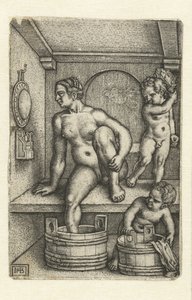 Woman with Two Children in Bathroom by Hans Sebald Beham