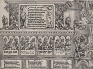 The Upper Section of the Left Portal, with the Inscription on a Lion Skin, a Frieze with B... by Hans Springinklee