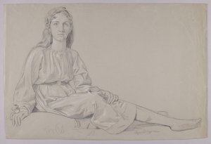 Young Woman in a Tunic, Sitting on the Grass by Hans Thoma