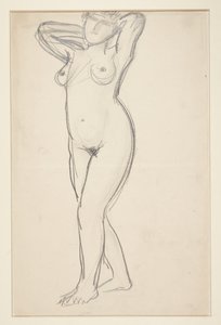 Standing female model with hands behind neck by Harald Giersing