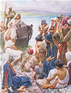 Christ preaching from the boat, illustration from Harold Copping Pictures: The Crown Series, c.1920s by Harold Copping