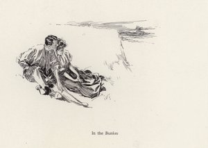 Couple in a romantic embrace in a bunker at the golf course by Harrison Fisher