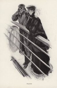 Man and woman looking out over the railings of a ship by Harrison Fisher