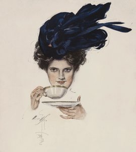 Portrait of a woman in a fancy hat drinking tea