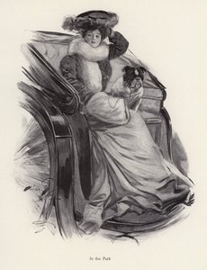 Woman sitting in a carriage with her dog by Harrison Fisher