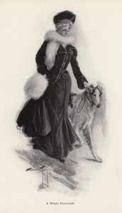Woman walking her rough collie dog in the winter by Harrison Fisher