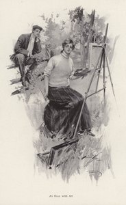 Young Woman Artist Painting in the Countryside While a Young Man Looks On by Harrison Fisher
