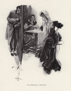 Young woman having her future told by a Gypsy by Harrison Fisher