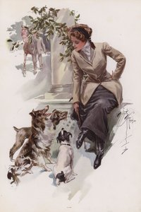 Young woman in her riding habit sitting with her dogs by Harrison Fisher