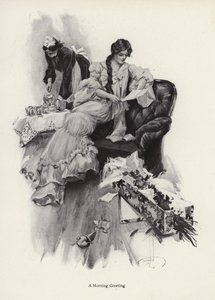 Young woman receiving a bouquet of flowers and a letter from an admirer by Harrison Fisher