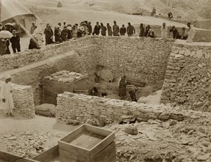 Lord Carnarvon, Lady Evelyn Herbert and Howard Carter at the Tomb of Tutankhamun, Valley of the Kings by Harry Burton