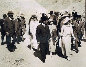 The Queen of the Belgians, Lord Allenby and Lady Allenby approaching the entrance to the Tomb of Tutankhamun, Valley of the Kings by Harry Burton