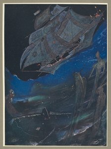 An illustration showing a ship at sea, and fish below it. by Harry Clarke