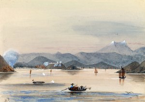 The HMS Tribune finding its way on the Chuenpee River in Canton (China), with rowing boats and Chinese junks by Harry Edmond Edgell