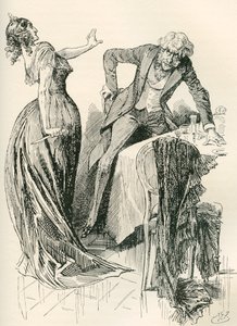 Edith and Mr. Carker. "He was coming gaily towards her, when, in an instant, she caught the knife up from the table, and started one pace back. "Stand still," she said, "or I shall murder you!" Illustration by Harry Furniss for the Charles Dickens Novel by Harry Furniss
