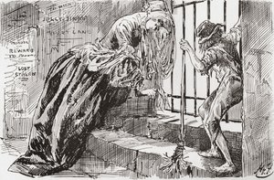 Lady Dedlock and Jo. "He was put there," says Jo, holding to the bars and looking in, while Lady Dedlock shrinks into a corner. Illustration by Harry Furniss for the Charles Dickens novel Bleak House, from The Testimonial Edition, published 1910 by Harry Furniss