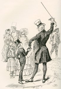 Mr. Micawber Takes David Home. "We walked to our house together, Mr. Micawber impressing the names of streets, and the shapes of corner houses upon me, as we went along." Illustration by Harry Furniss for the Charles Dickens novel David Copperfield