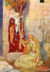 Merlin playing his harp with Fairy Nimue by Harry George Theaker