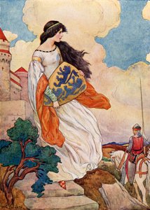 The Princess Iseult with the shield of Sir Tristram of Lyonesse by Harry George Theaker