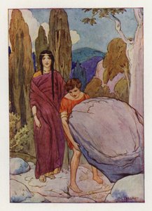 Theseus raising the big rock, under which lay the sword and sandals by Harry George Theaker