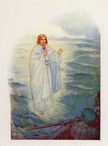 Walking on the tossing sea, the fishermen saw the figure of Jesus by Harry George Theaker