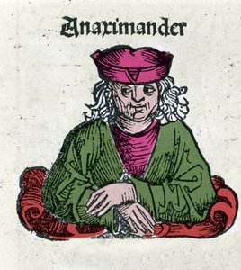 Representation of Anaximander of Miletus (610 - 547 BC), Greek philosopher, mathematician and astronomer. Xylography of Chronicles of Nuremberg by Hartmann Schedel