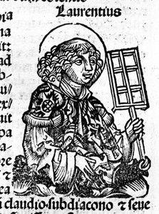 Saint Laurent holding in his hand the grill, an instrument of his martyrdom. Engraving from the “Liber Chronicarum by Hartmann Schedel”