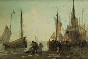 Unloading Fishing Boats on the Quay, Brittany by Hector Caffieri