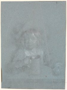 A Boy at a Table with an Apple and a Mug in His Hands