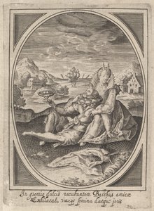 A couple seated on the ground, the man holding a goblet and reclining