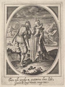 A Man Steps Toward a Woman Who Holds a Goblet to Her Mouth, a Watermill and Mountains in the Background by Heinrich Ulrich