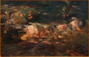 Herd of Pigs in the Forest by the Water