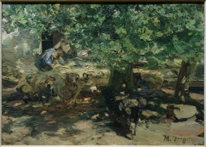 In Front of the Stable (Flock of Sheep Crowding into the Stable) by Heinrich von Zügel