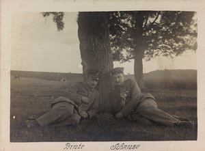 First World War: Ukraine in the years 1914-1916 during the invasion of the German army. Two soldiers in a moment of relax by Heldenfriedhof Dsessentniki (attr. to)