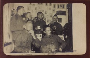 First World War: Ukraine in the years 1914-1916 during the invasion of the German army. Group of soldiers during a time of rest by Heldenfriedhof Dsessentniki (attr. to)