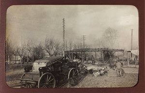 First World War: Ukraine in the years 1914-1916 during the invasion of the German army. Military on the site of a bombing (b/w photo)