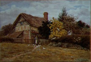 Laburnum Cottage: A Woman Feeding Ducks by Helen Allingham
