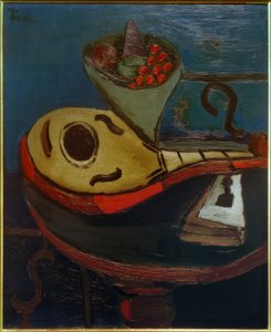 Still Life: Mandolin and Bowl with Fruits on a Table