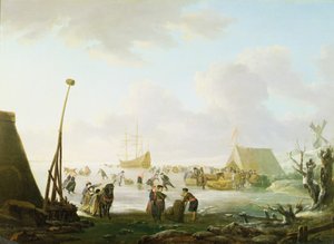 An Extensive Landscape with Sleighs and Skaters with a Ship Locked in the Ice
