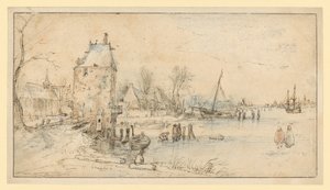 Village with Watchtower and Church on the Lakeshore by Hendrick Avercamp