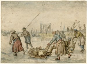 Winter Landscape with Two Women and a Sledge and Other Figures on the Ice, a Gallows in the Distance by Hendrick Avercamp