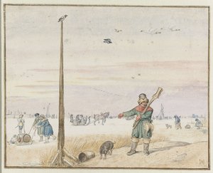 Winter Landscape with a Duck Hunter with Game in his Belt and his Gun over his Shoulder on the Bank of a Frozen River by Hendrick Avercamp