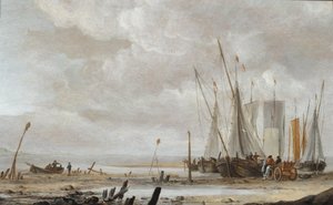 A Beach Scene with Fishing Boats Drawn Up