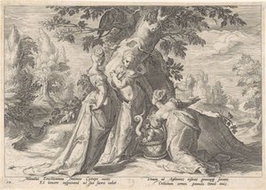 Daughters of Cecrops Open the Basket of Minerva (Metamorphoses of Ovid series) by Hendrick Goltzius (workshop of)